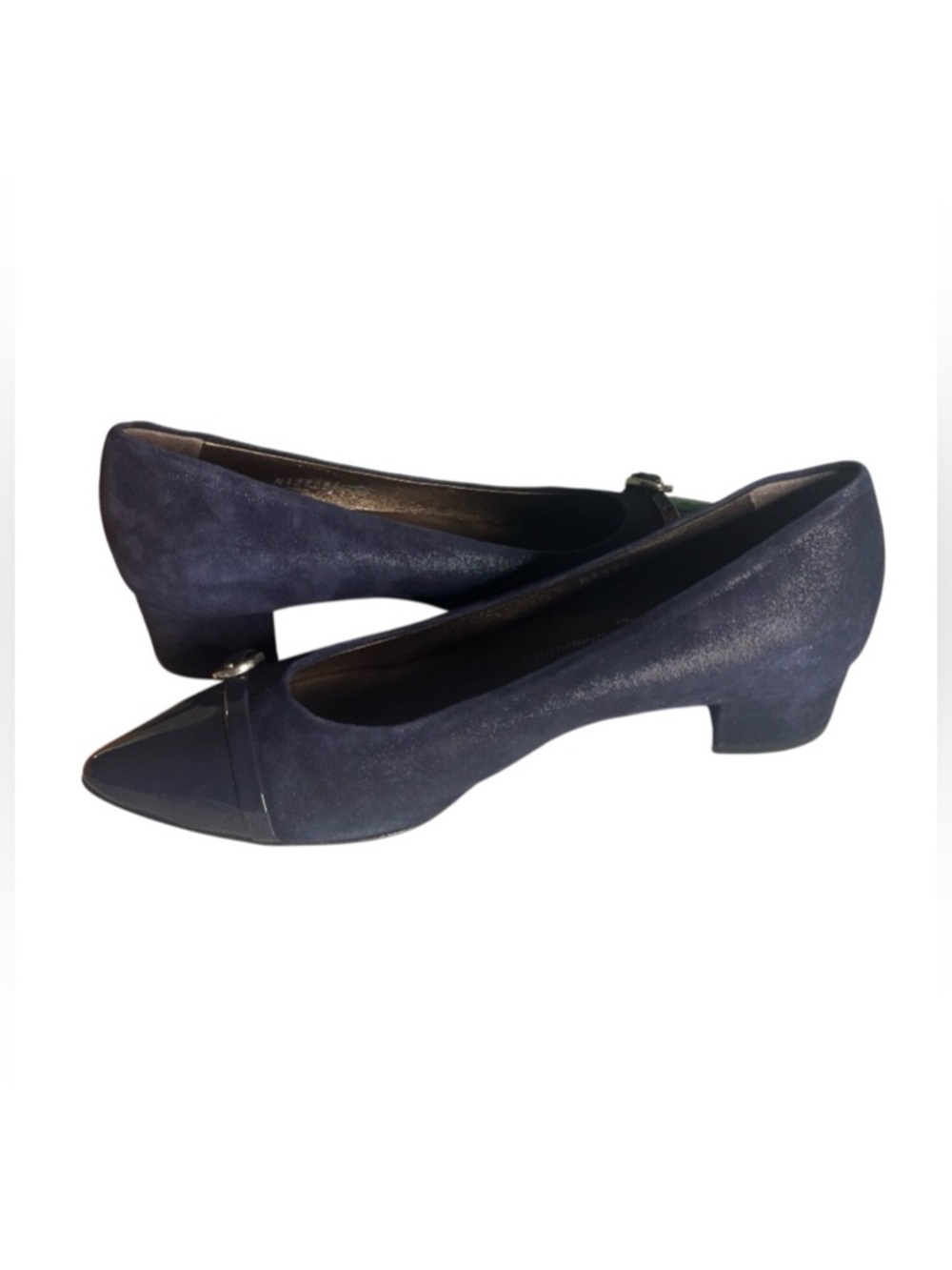 AGL Blue Didi Cap Toe Pumps Italian Suede Patent Leather Block Heel Size 39